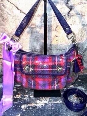 Y2K Coach Poppy Purple sequined Tartan Plaid Baguette- Women's Purse